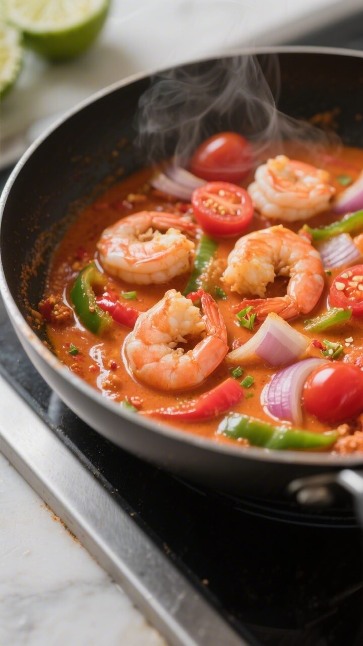 Cooking process close-up: A large skillet at a gentle simmer with creamy red coconut curry sauce swi