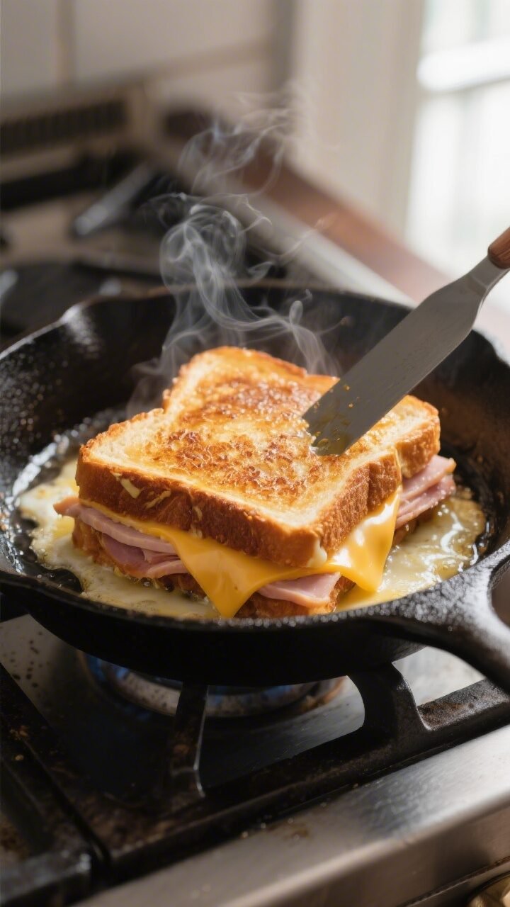 Cooking process close-up: A Monte Cristo sandwich sizzling in a cast-iron skillet over medium heat, 