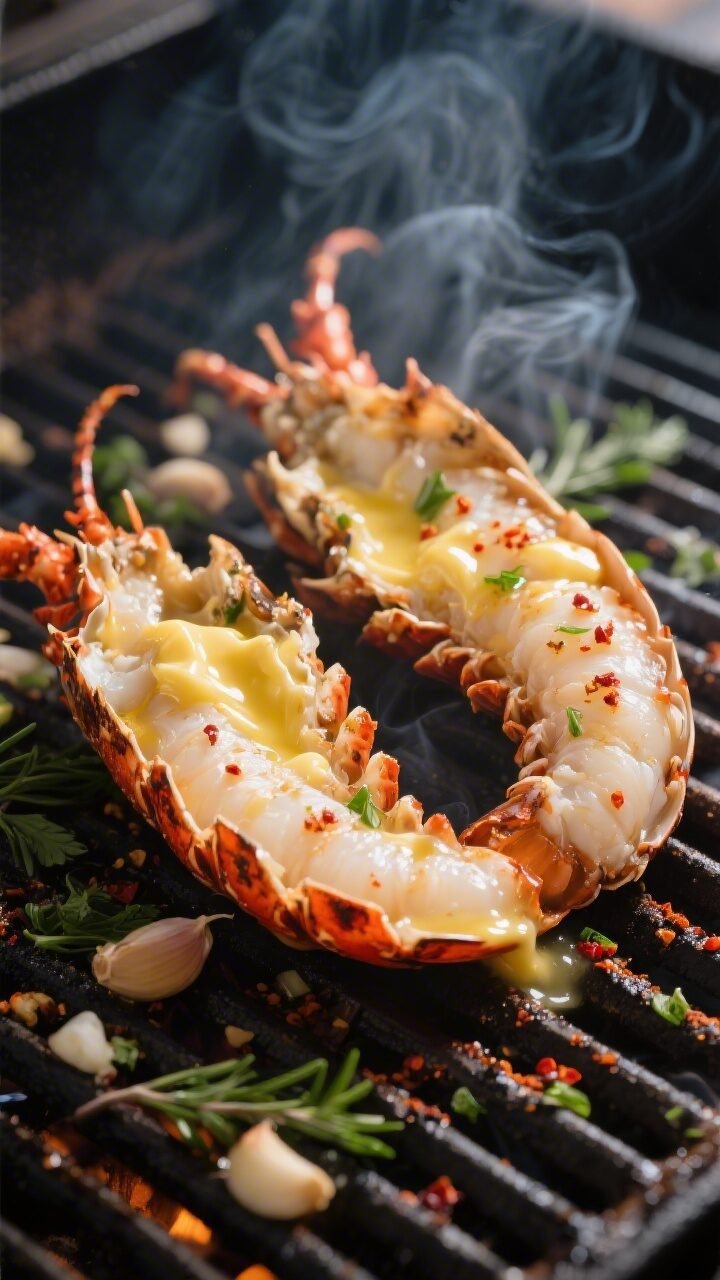 Cooking process close-up: Butterflied lobster tails grilling shell-side down over medium-high heat, 