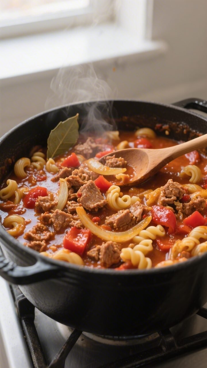 Cooking process, close-up detail: Close-up of one-pot turkey goulash mid-simmer in a matte black Dut