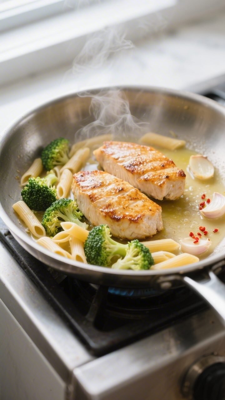 Cooking process, close-up detail: Searing bite-size chicken breast in a wide stainless-steel skillet