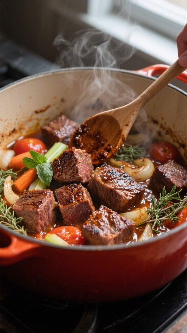 Cooking process, close-up detail: Searing cubes of beef chuck in a heavy Dutch oven, deeply browned