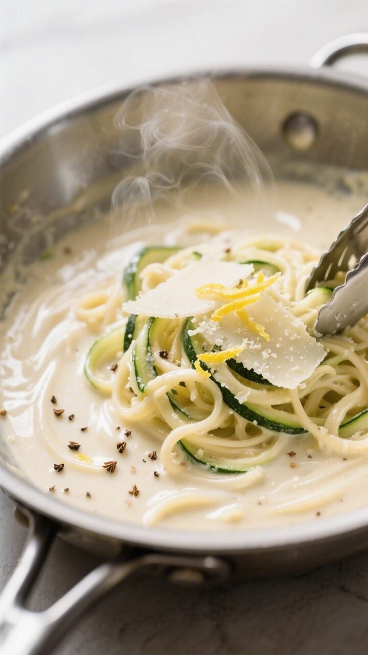 Cooking process, close-up detail: Silky Alfredo sauce being finished in a stainless-steel skillet, P