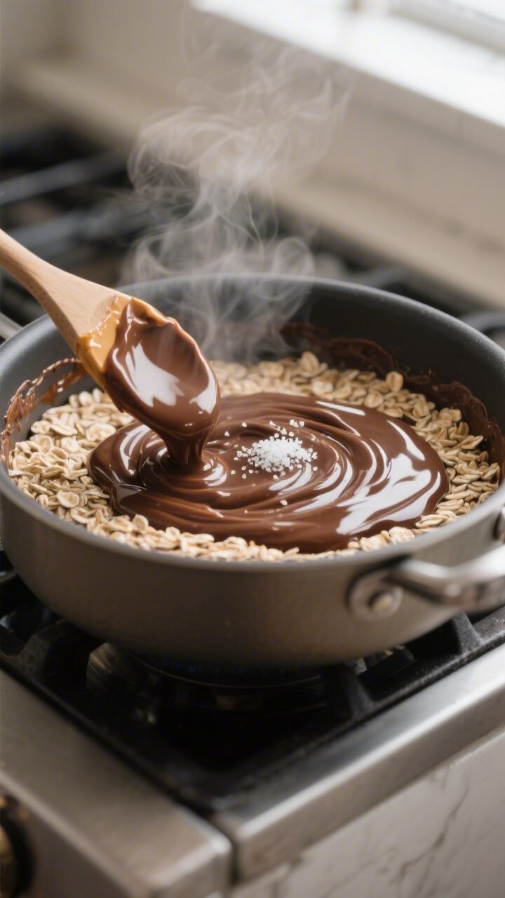 Cooking process, close-up detail: Thick, glossy chocolate-peanut-butter syrup folding through quick-