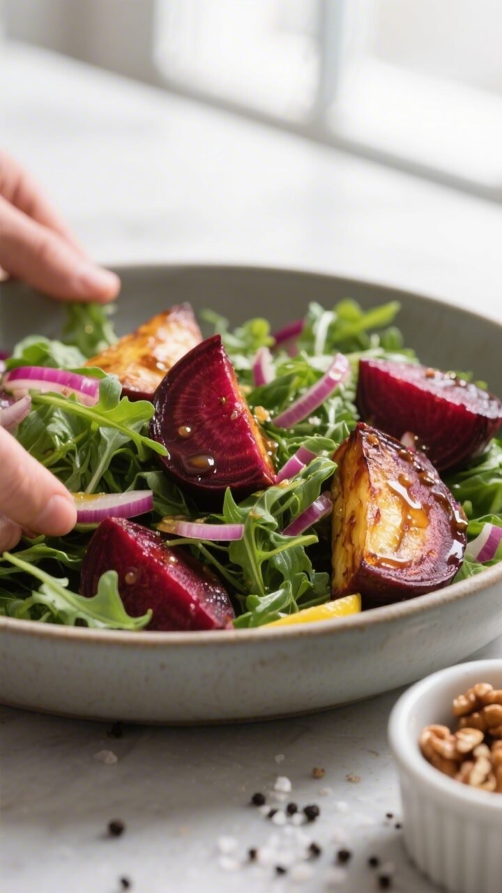 Cooking process, close-up detail: Warm roasted beet wedges being gently folded into dressed baby aru