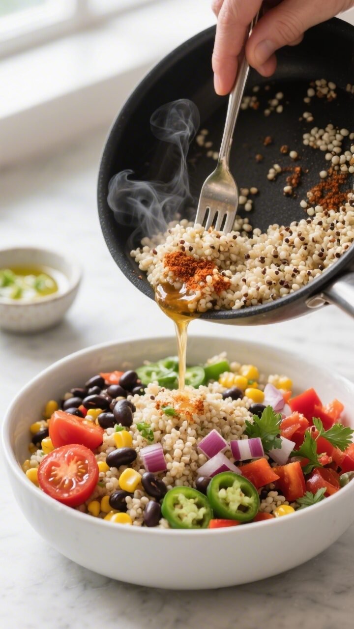 Cooking process close-up: Fluffy, freshly cooked quinoa being fluffed with a fork in a matte black s