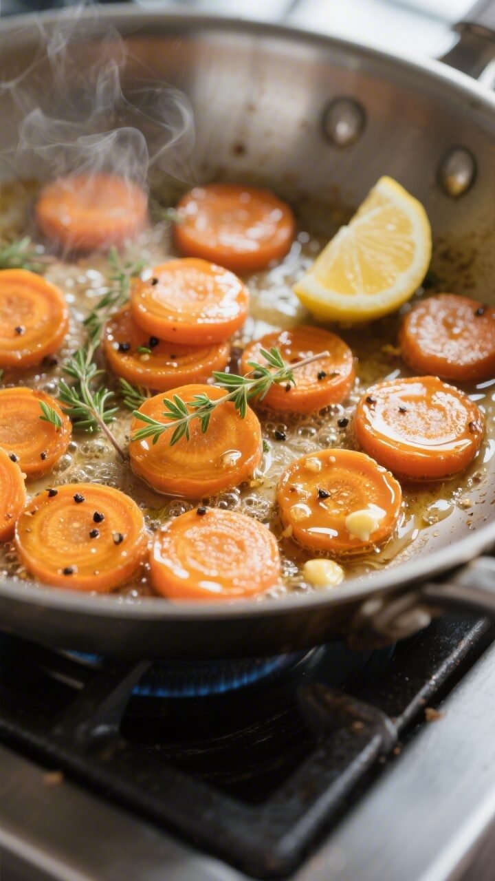 Cooking process close-up: Glazed carrot coins sizzling in a wide stainless skillet over medium heat,