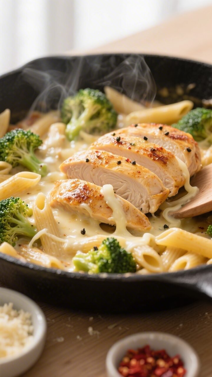 Cooking process close-up: Golden-seared chicken breast slices being folded into a glossy, just-melte