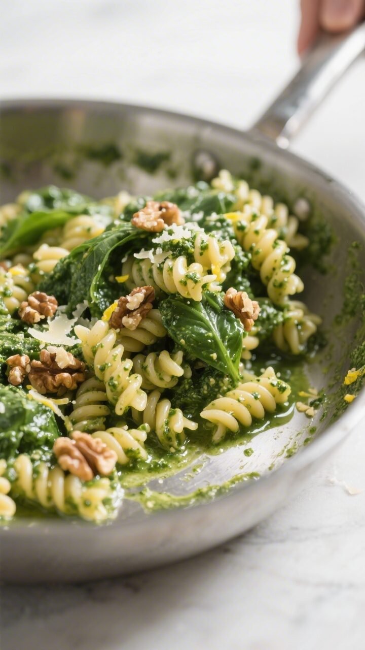Cooking process close-up: Hot fusilli being tossed with glossy spinach-walnut pesto in a wide stainl