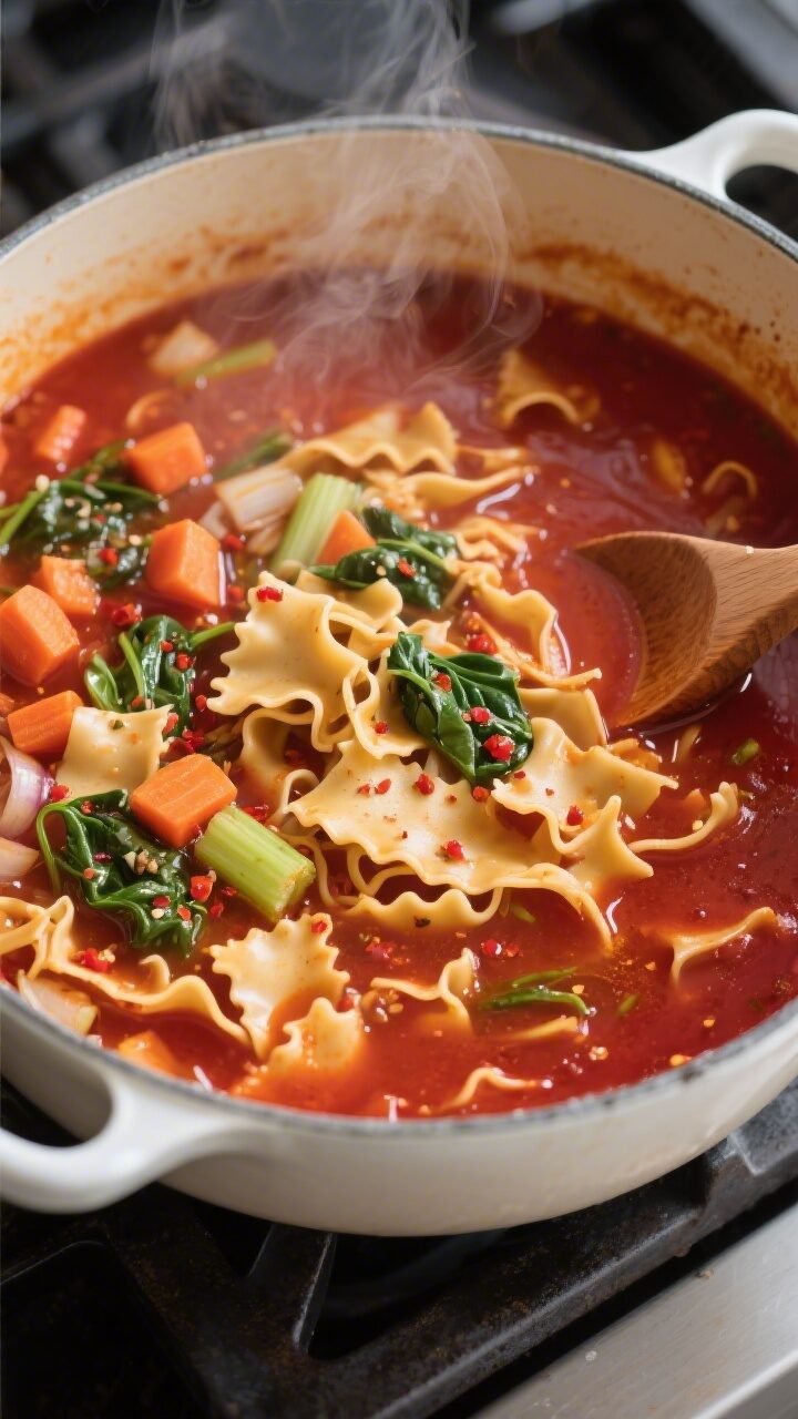 Cooking process close-up: In a large enameled Dutch oven, a rich, tomato-forward vegetarian lasagna 