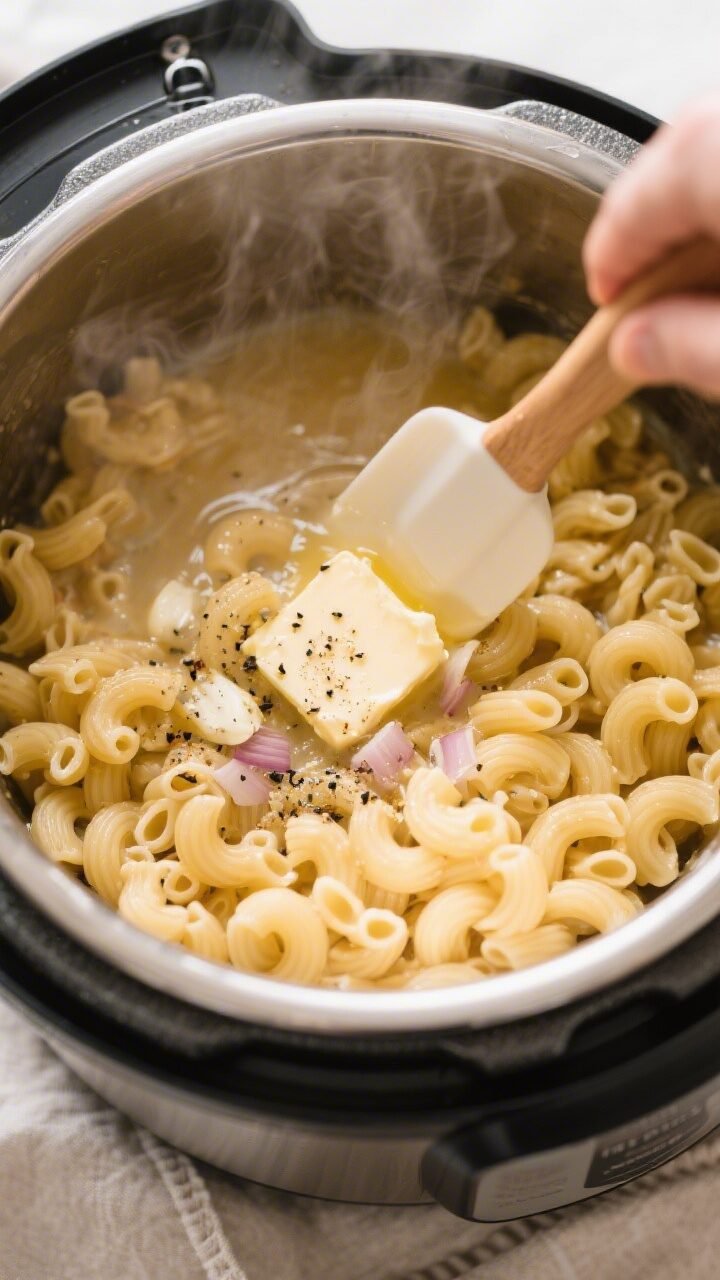 Cooking process close-up: Instant Pot freshly opened after quick release, steamy elbow macaroni just