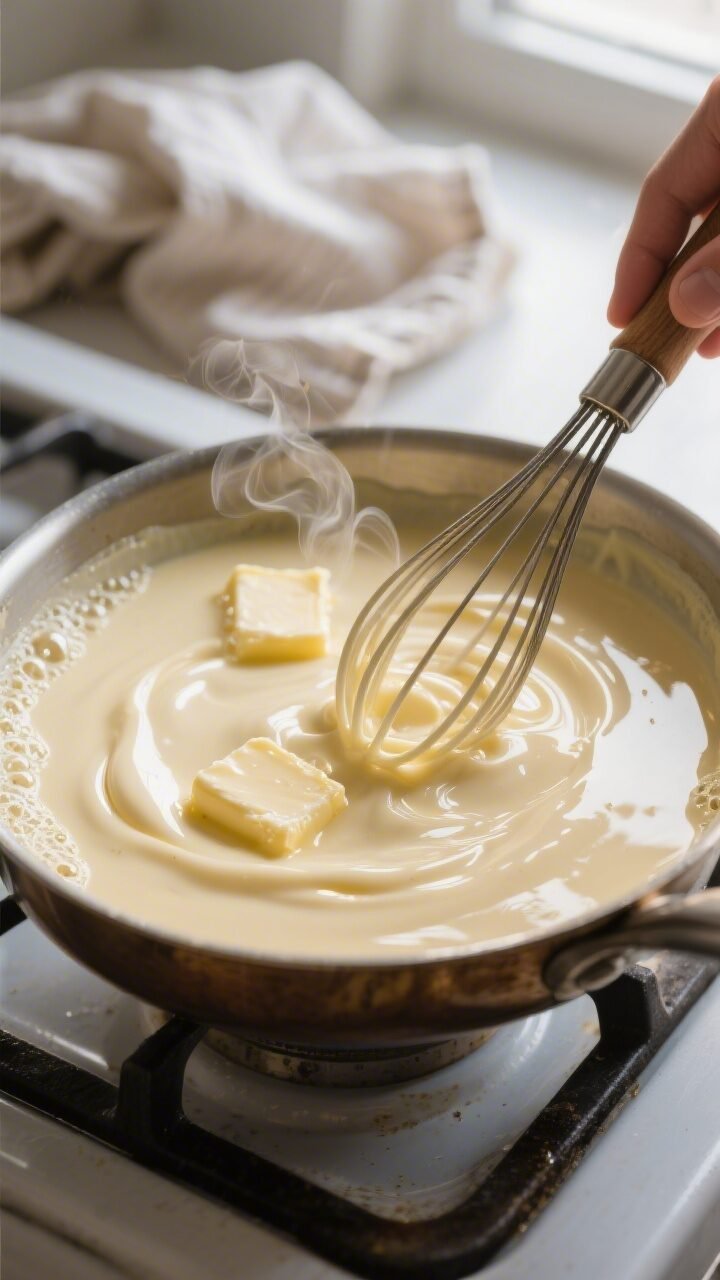 Cooking process: Close-up of glossy homemade vanilla-banana pudding being whisked in a saucepan just