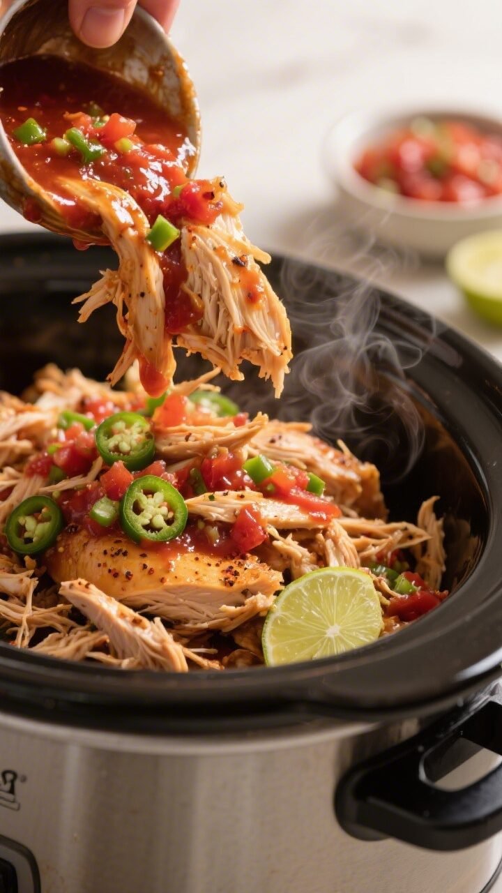 Cooking process close-up: Shredded crockpot salsa chicken being tossed back into the slow cooker wit