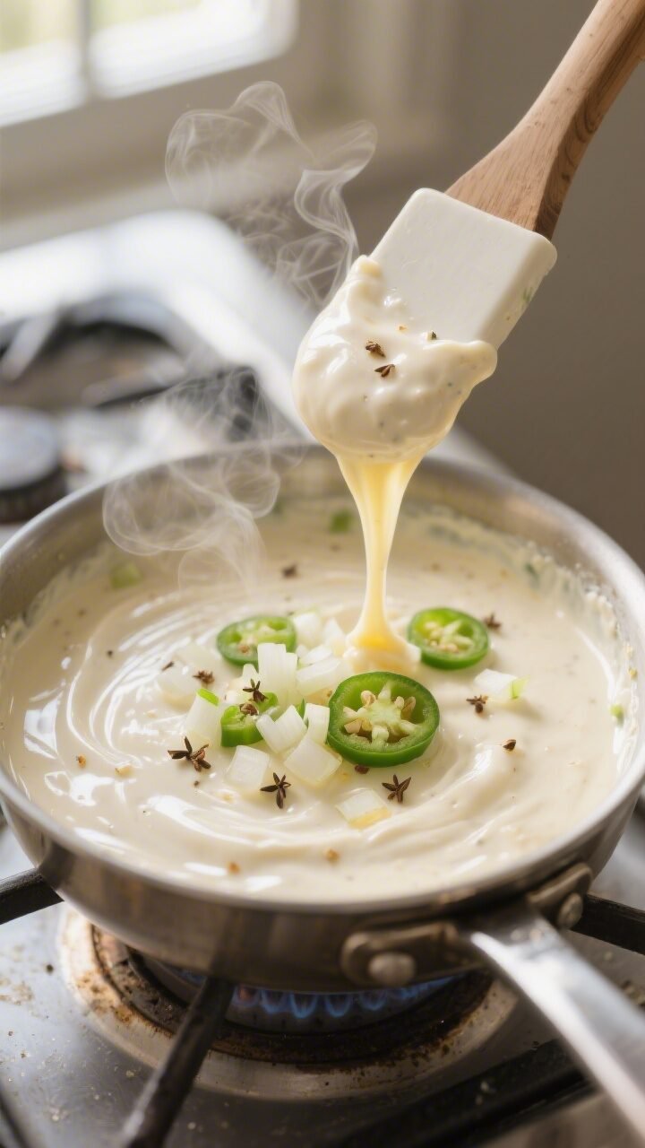 Cooking process close-up: Silky white cheese dip melting in a small saucepan over low heat, with fin