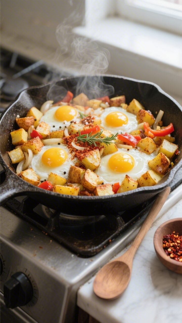 Cooking process, overhead: Golden-brown potato and onion hash sizzling in a well-seasoned cast-iron 