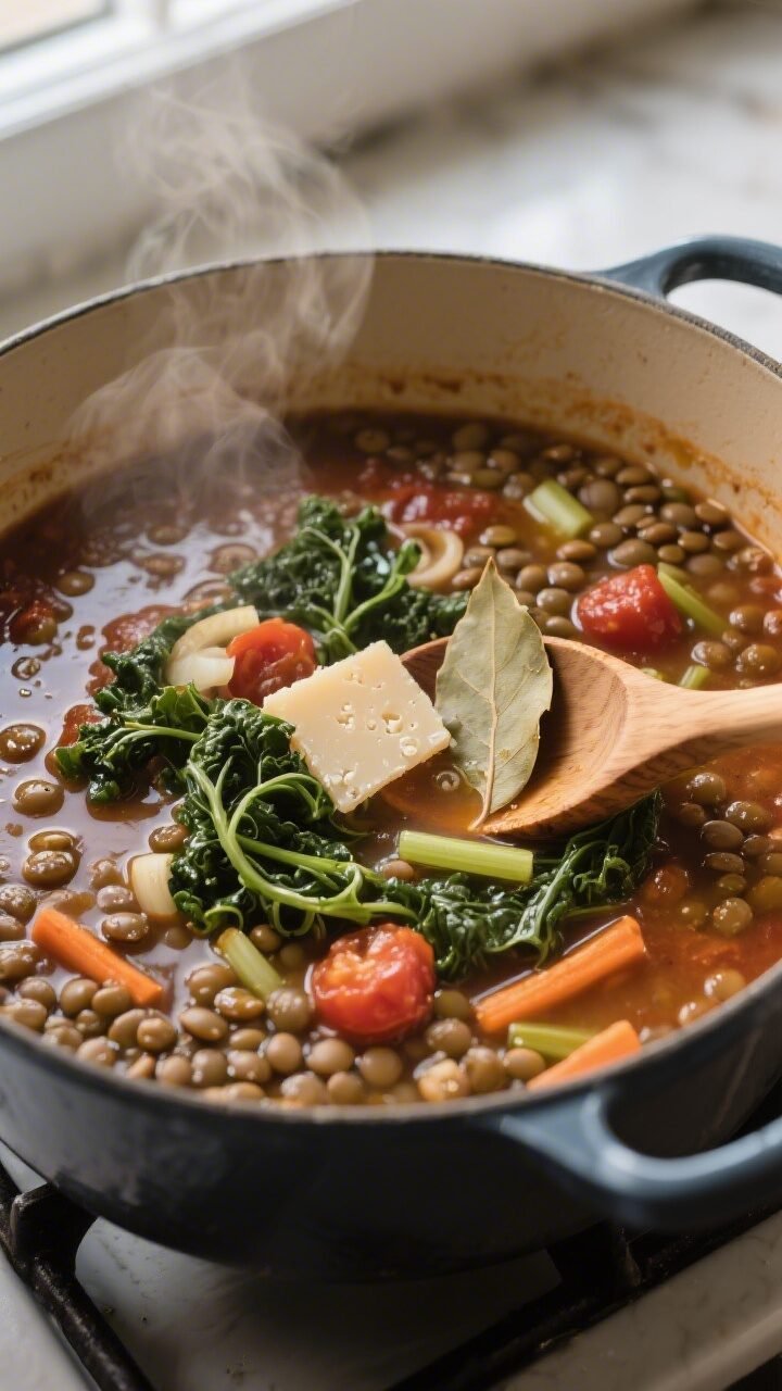 Cooking process, overhead shot: A Dutch oven of rustic Tuscan lentil soup at a gentle simmer, showin