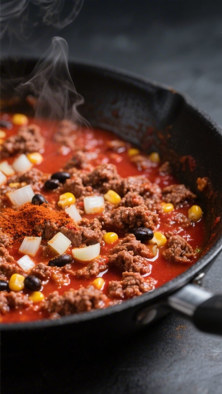 Cooking process, skillet close-up: Close-up of seasoned ground beef simmering in red enchilada sauce
