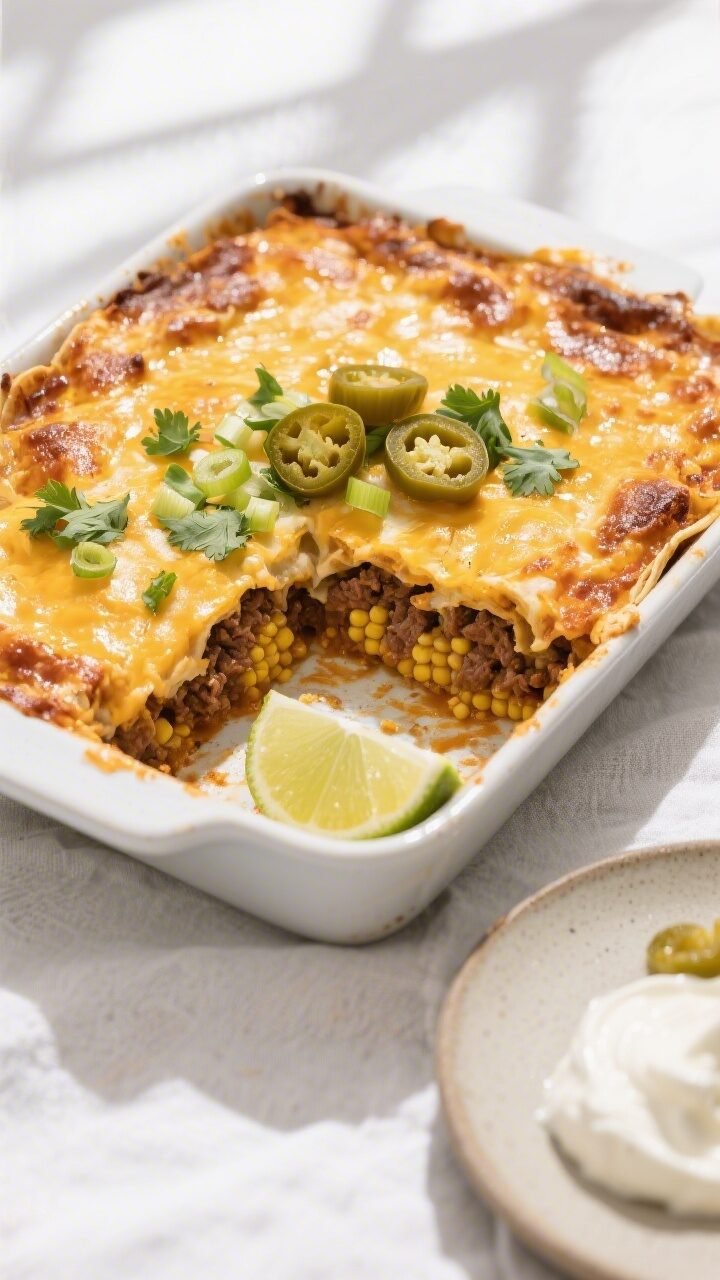 Final casserole, overhead slice and serve: Overhead shot of a freshly baked cheesy enchilada cassero