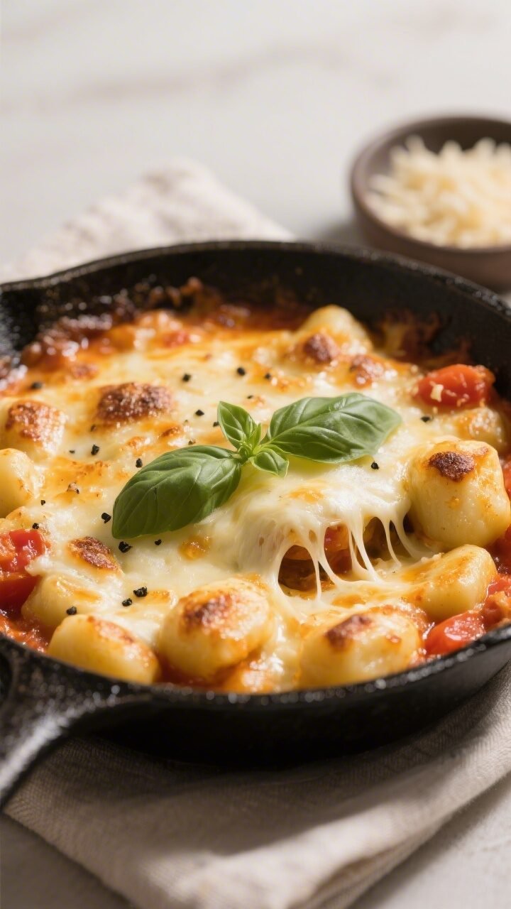 Final dish, close-up detail: A bubbling, freshly broiled cheesy gnocchi in a black cast-iron skillet
