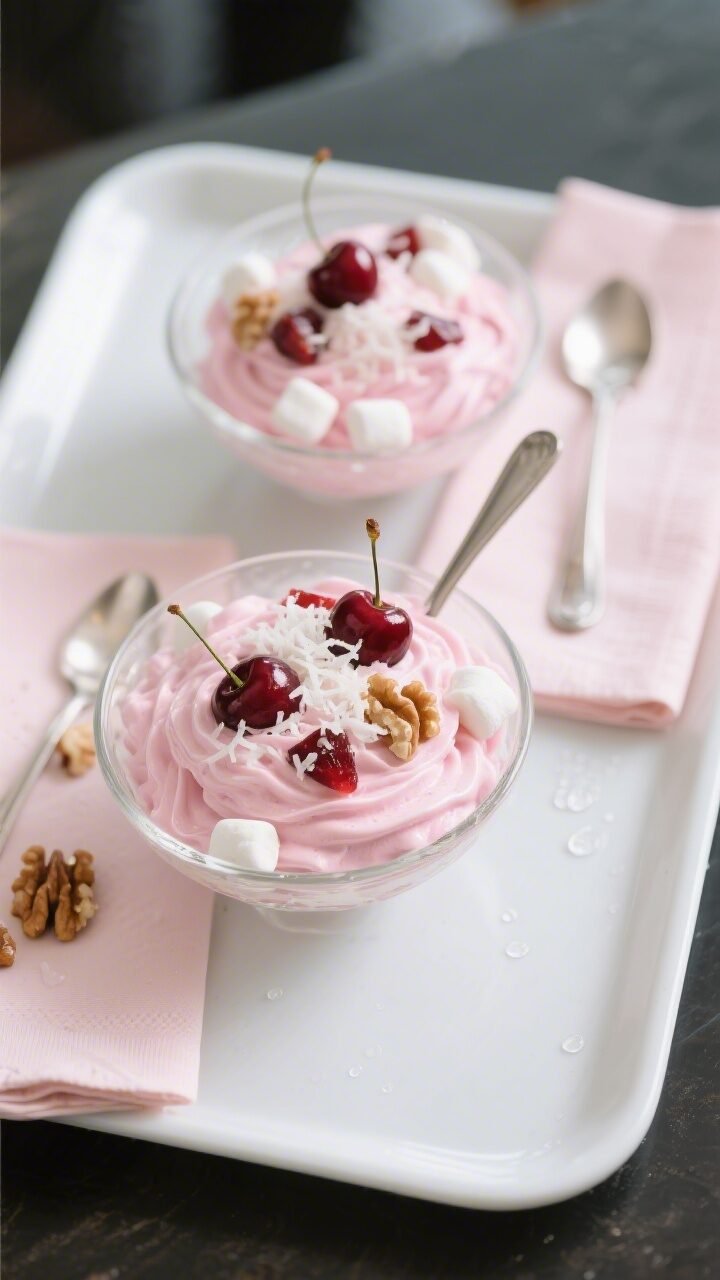 Final dish overhead: An top-down shot of Classic Cherry Fluff spooned into small glass dessert bowls