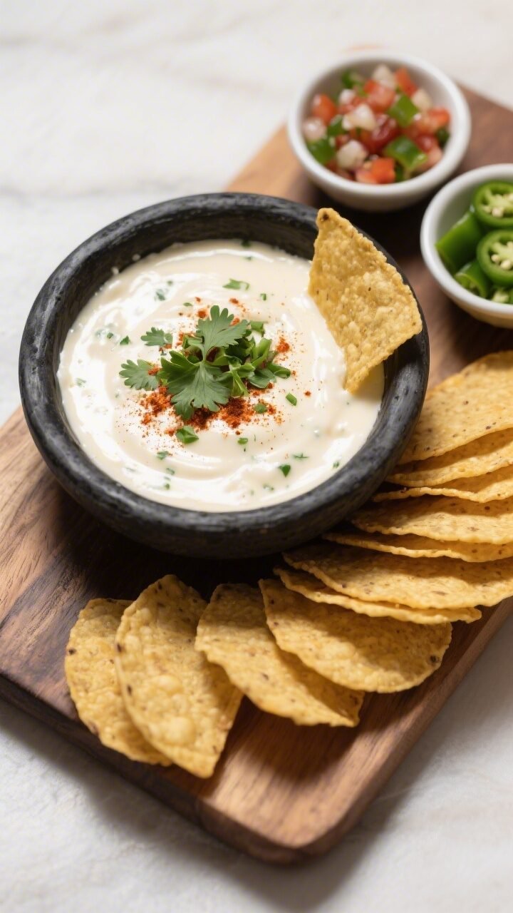 Final dish overhead: Restaurant-style white queso blanco served warm in a matte black bowl on a wood