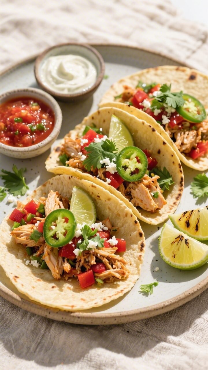 Final dish overhead: Tasty top view of salsa chicken tacos—soft corn tortillas filled with juicy s