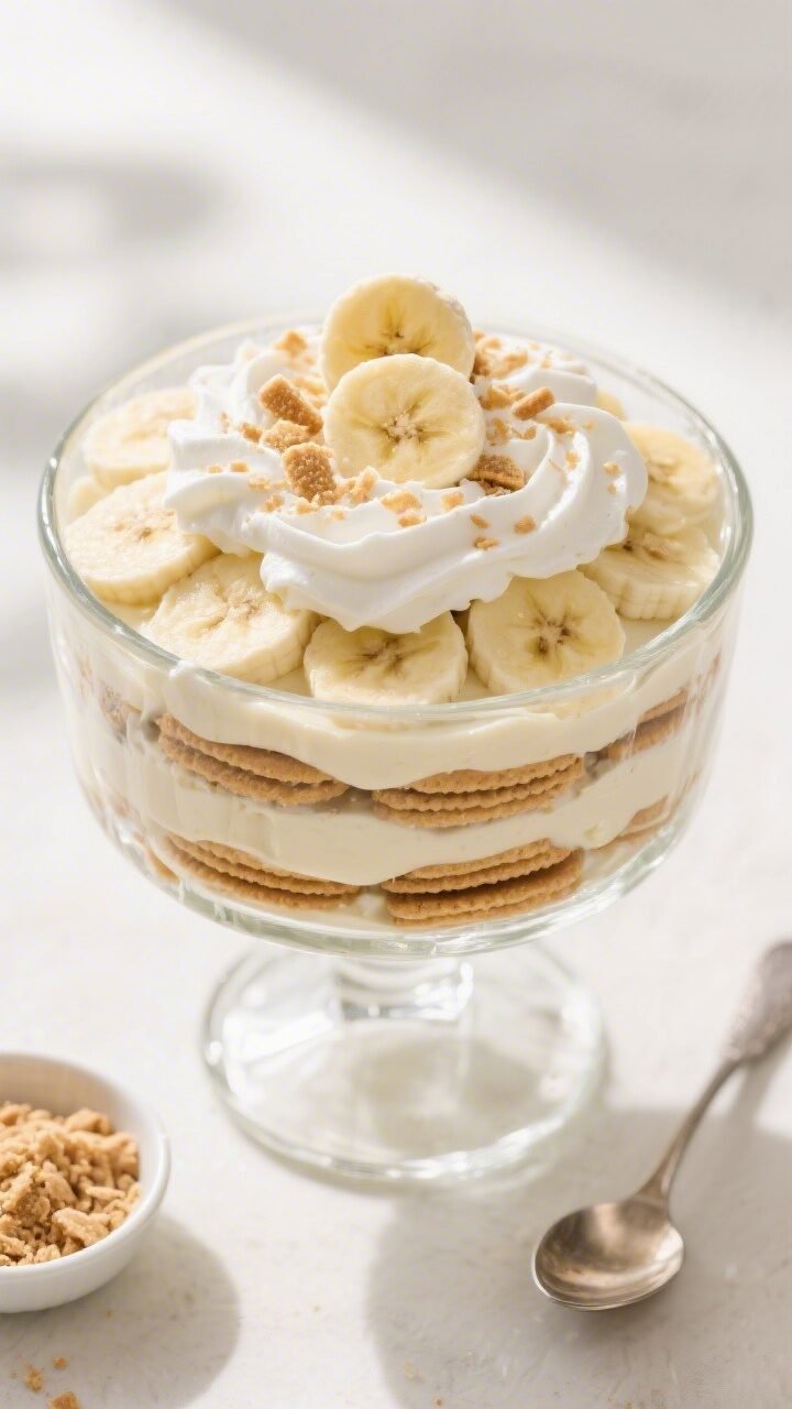 Final dish, overhead: Top-down shot of a trifle-style Southern banana pudding fully assembled and ch