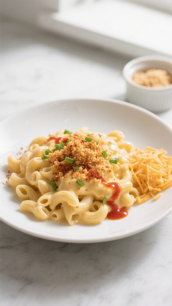 Final dish overhead: Ultra-creamy Instant Pot macaroni and cheese plated in a wide, shallow white bo