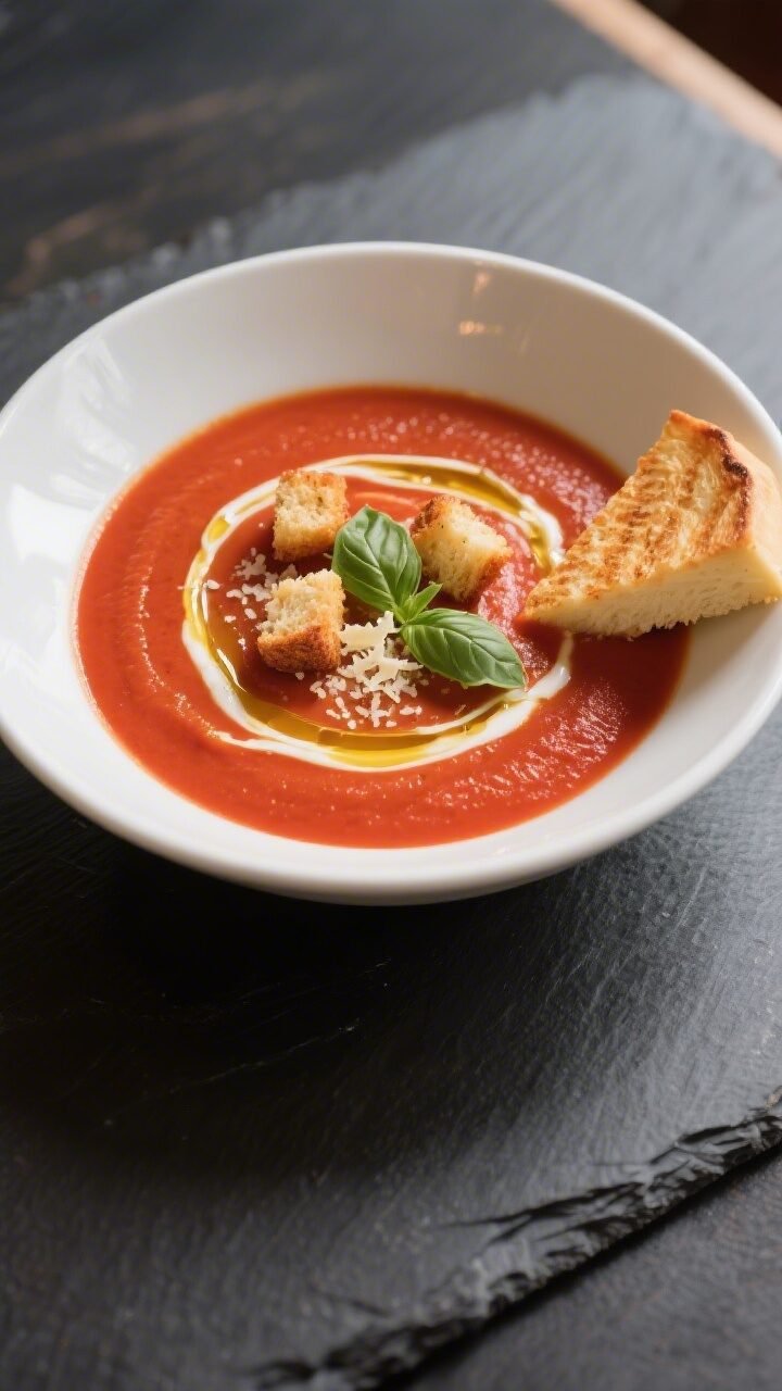 Final dish presentation: Beautifully plated classic creamy tomato soup in a matte white bowl on a da