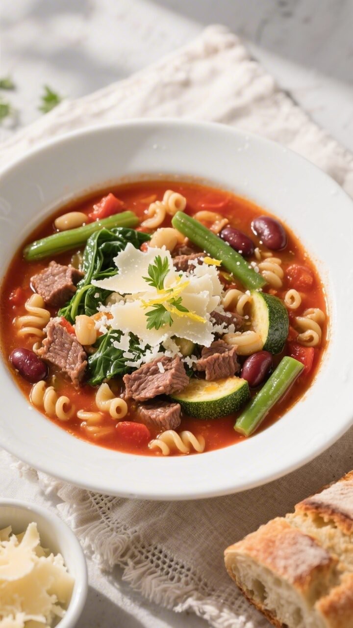 Final dish, tasty top view: Overhead shot of Classic Beef Minestrone Soup in a wide white bowl—rub