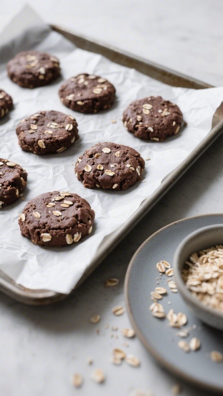 Final dish, tasty top view: Overhead shot of freshly set no-bake chocolate oat cookies dropped onto 