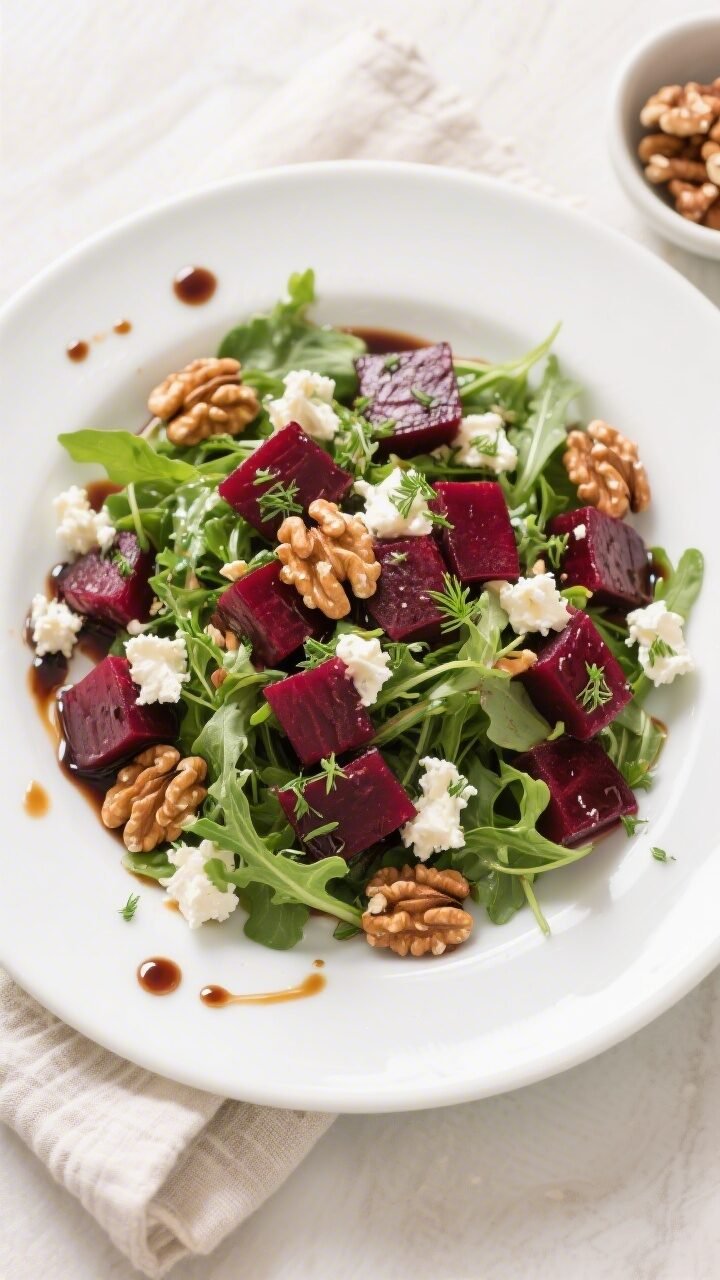 Final dish, tasty top view: Overhead shot of Walnut & Arugula Roasted Beet Salad fully assembled—p