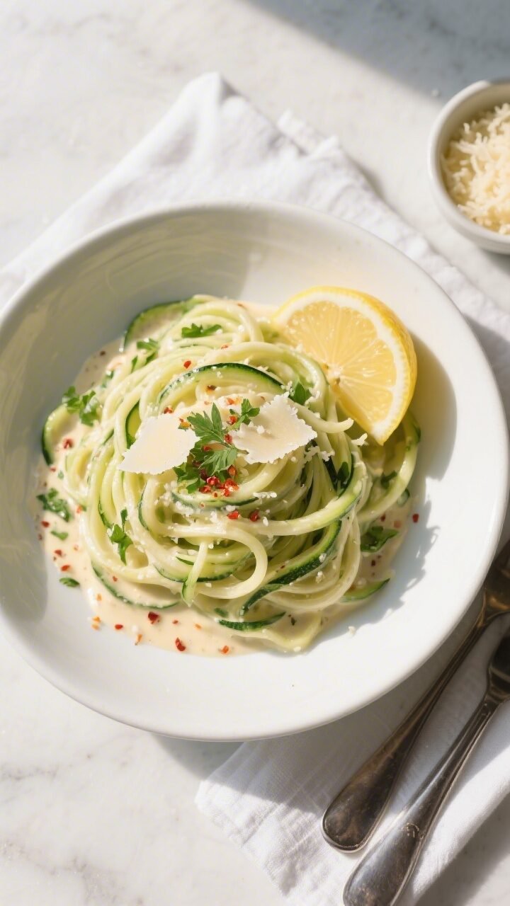 Final dish, tasty top view: Overhead shot of Zucchini Noodle Alfredo twirled into soft nests in a wi