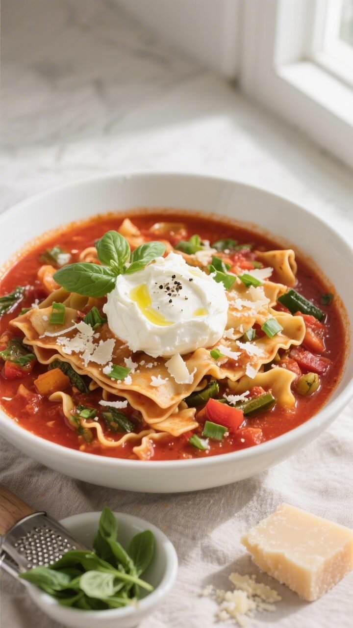Final dish top view: Overhead shot of a generous bowl of vegetarian lasagna soup, vibrant red broth 