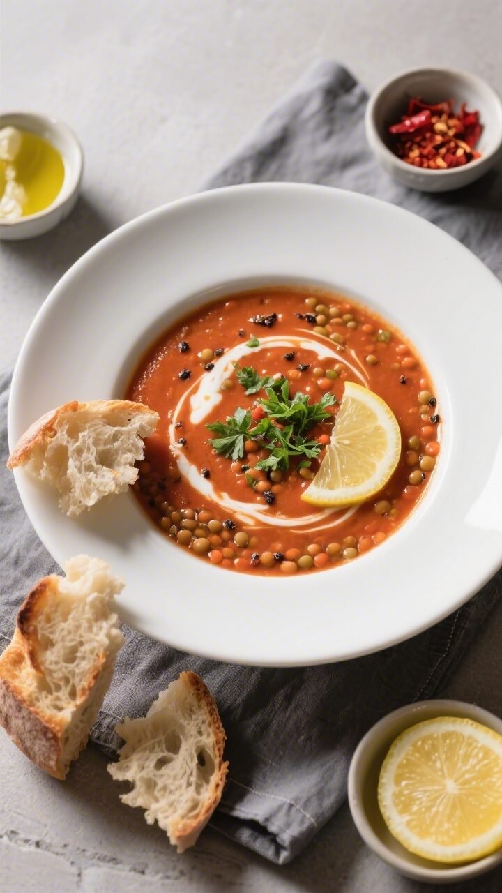 Final plated bowl of Vegan Tomato Lentil Soup, restaurant-quality presentation: of a wide, matte-whi