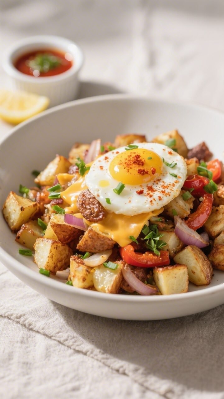 Final plated dish, close-up detail: A heaping scoop of classic potato and egg breakfast hash plated 
