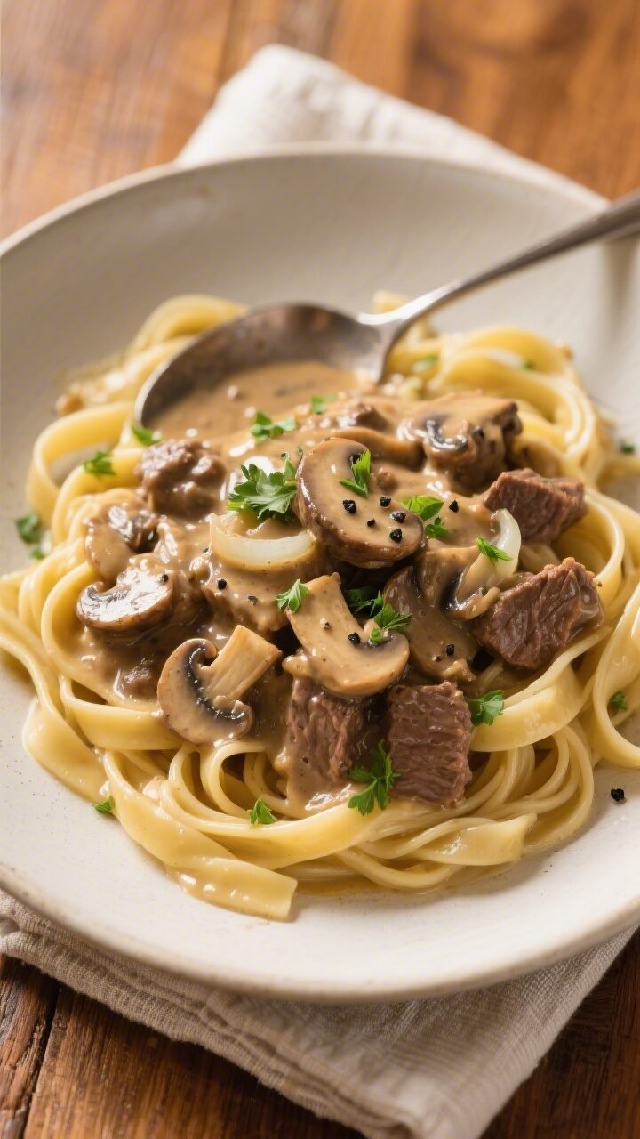 Final plated overhead: Crockpot beef stroganoff spooned generously over buttered wide egg noodles, c
