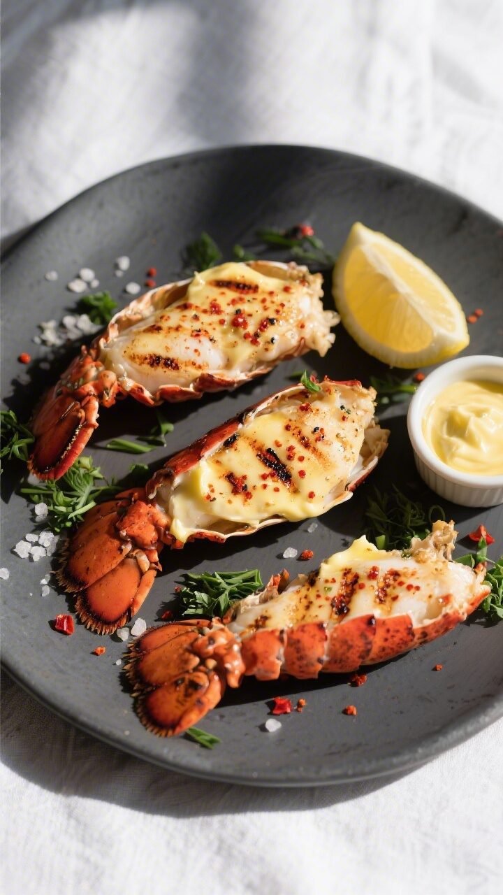 Final plated overhead: Grilled Cowboy Butter Lobster Tails arranged on a matte charcoal platter, mea