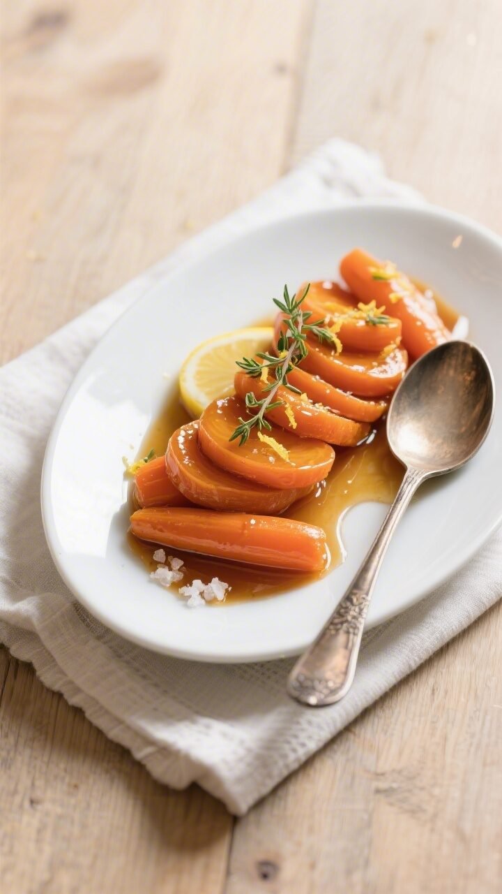 Final plated overhead: Honey Glazed Carrots with Thyme arranged in a shallow white oval platter, vib