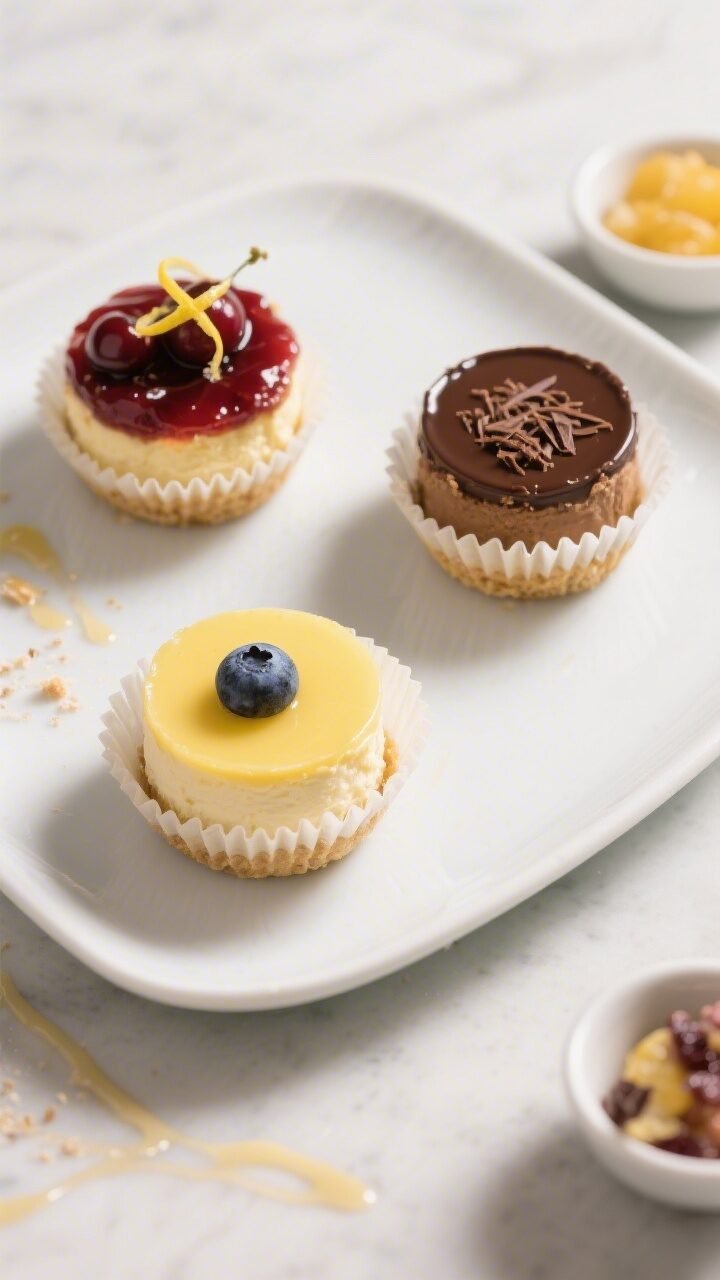 Final plated overhead shot: A neat trio of mini cheesecakes on a matte white platter, each topped di