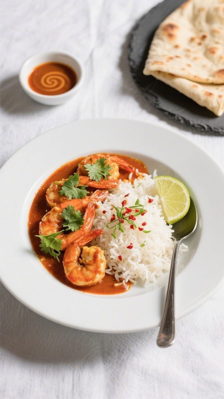 Final plated overhead: Spicy Coconut Curry Shrimp served in a wide shallow white bowl over a mound o