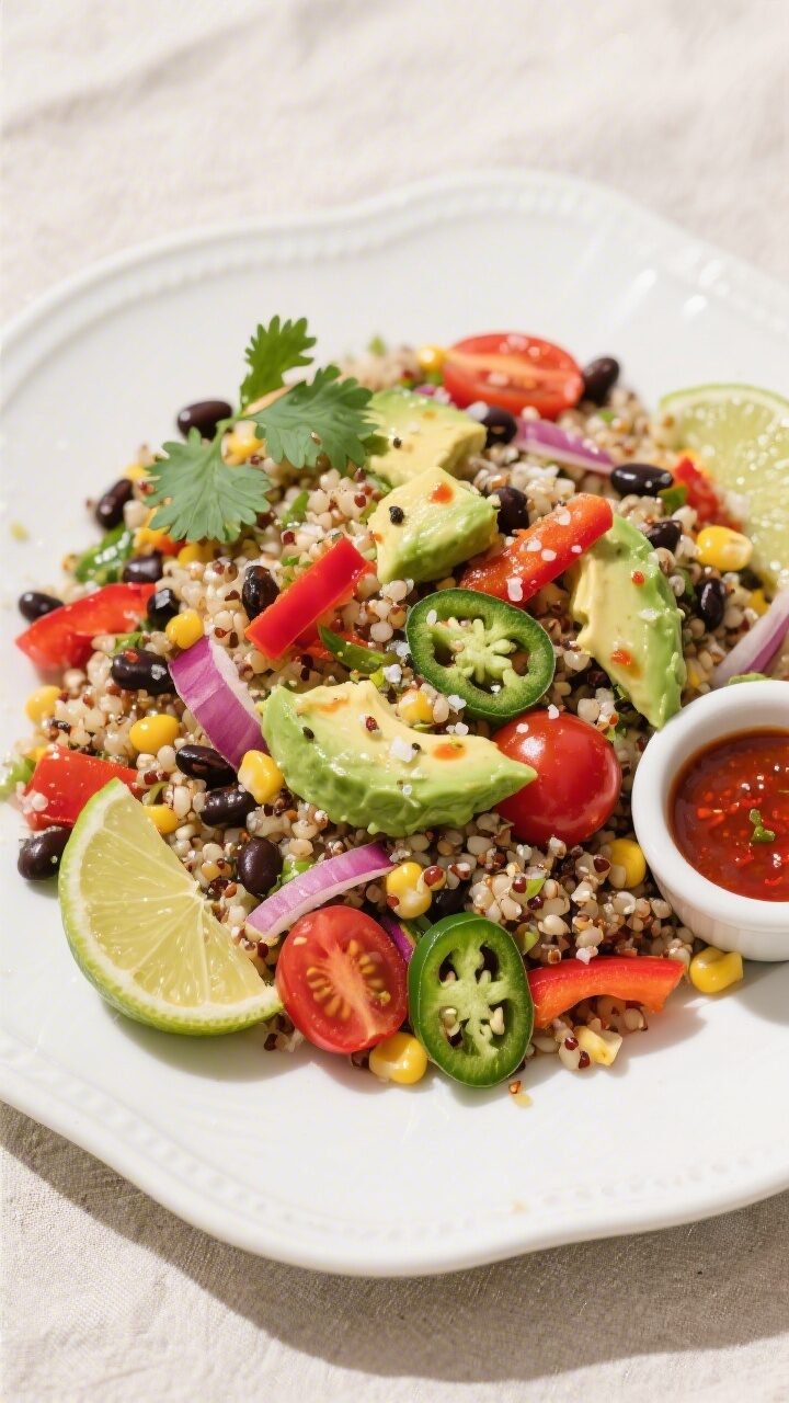 Final plated overhead: Spicy Southwest Quinoa Salad fully assembled and ready to serve, on a wide, w
