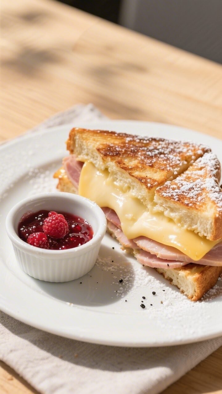 Final plated overhead: Tasty of a Monte Cristo sandwich sliced diagonally and slightly fanned on a m