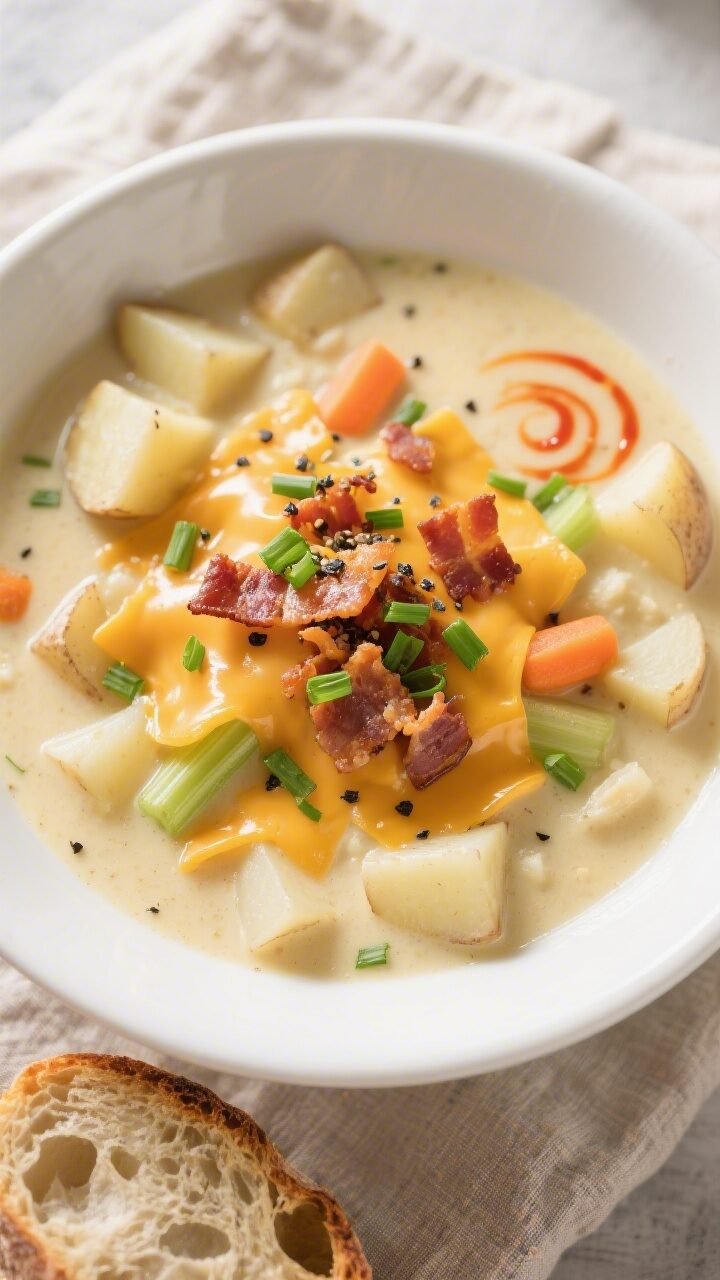 Final plated overhead: Tasty top-down shot of a bowl of cheesy potato chowder—creamy pale-gold bas