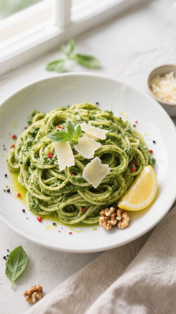 Final plated overhead: Tasty top-view of a generous bowl of spinach walnut pesto pasta twirled into
