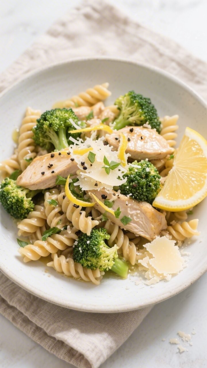 Final plated, overhead top view: Healthy Chicken and Broccoli Pasta plated in a matte white shallow