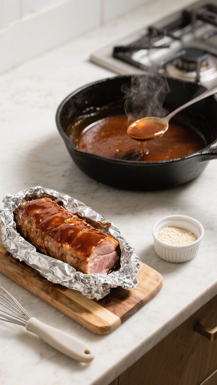 Overhead cooking process shot: pork tenderloin resting on a cutting board tented loosely with foil a