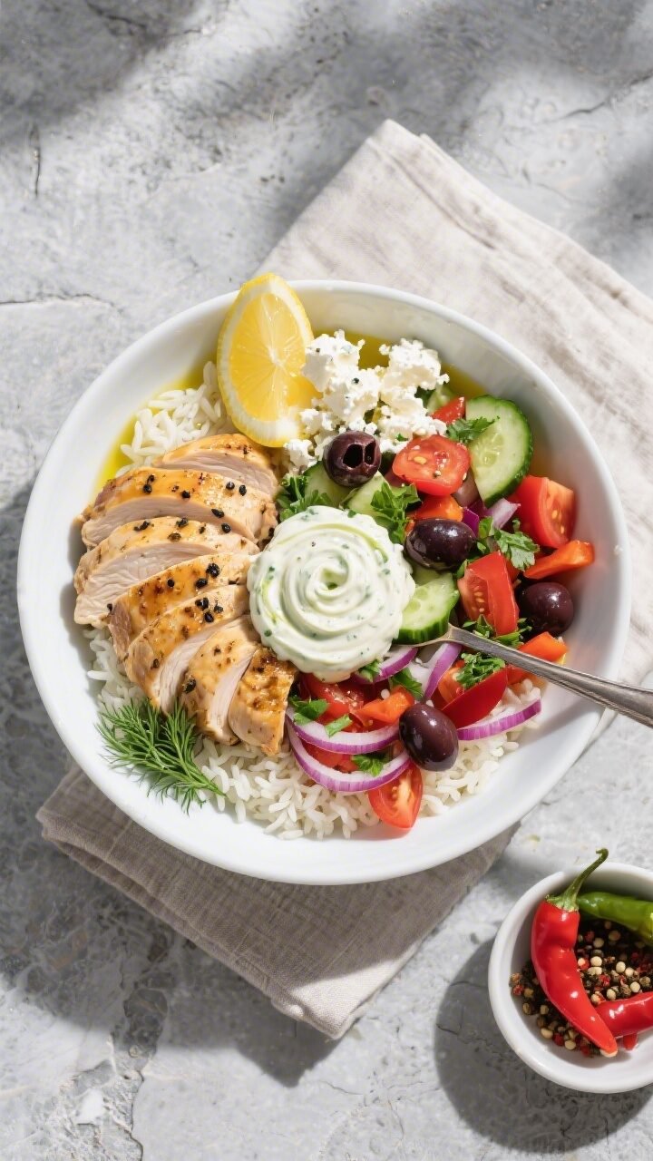 Overhead final bowl presentation: Mediterranean Greek Chicken Bowl artfully arranged in a wide, shal