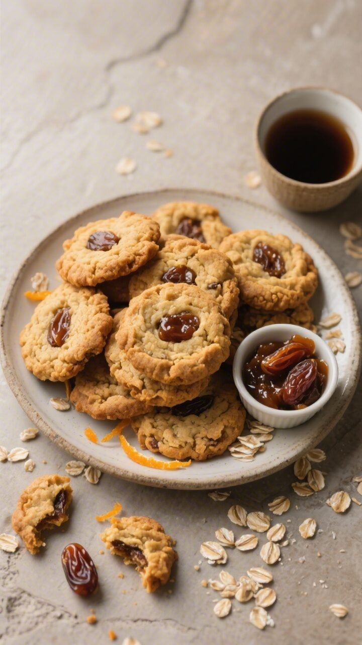 Overhead final presentation: A rustic plate piled with freshly baked date-filled oatmeal cookies—g