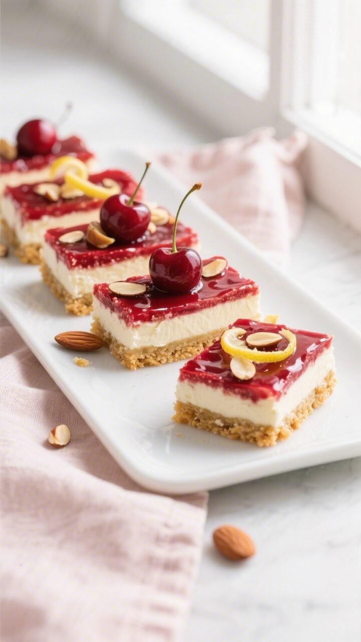 Overhead final presentation: Neat slices of No-Bake Cherry Delight Bars arranged on a white rectangu